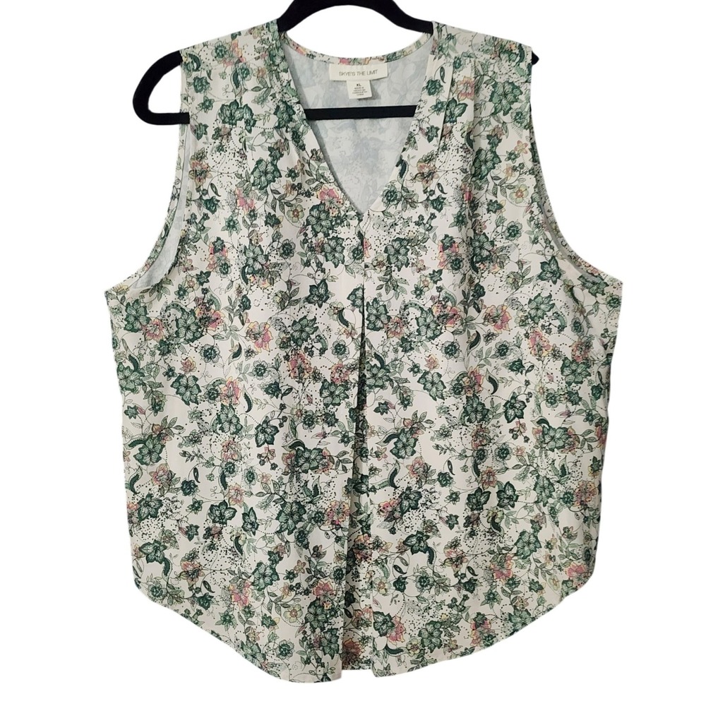 Skye's The Limit Womens Blouse Green Floral V-Neck Sleeveless XL